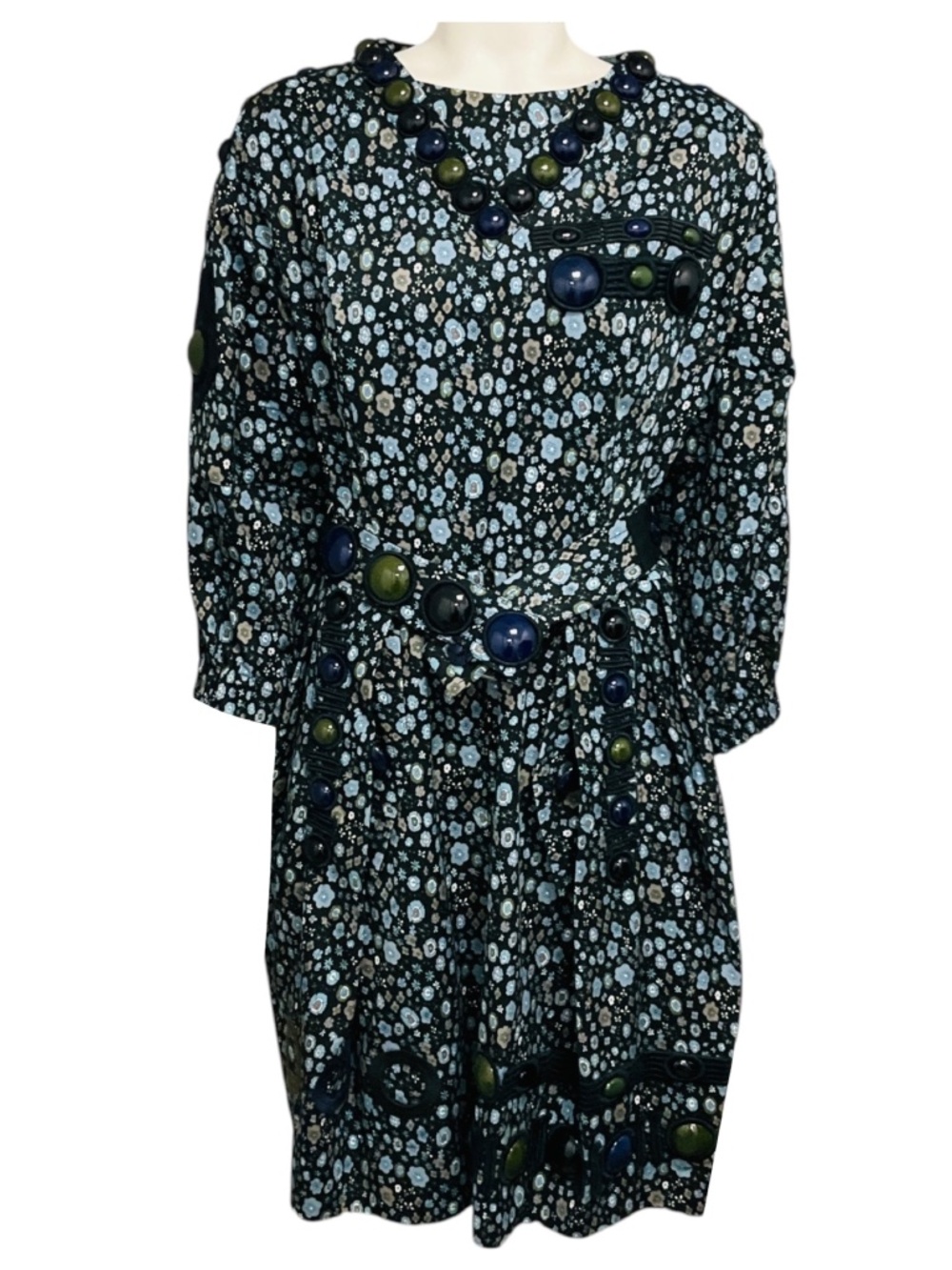 MARC JACOBS NAVY BLUE MULTI STONE EMBELLISHED FLORAL COTTON DRESS WITH BELT